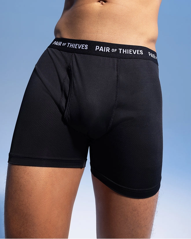 Close view of black boxer briefs with a branded waistband